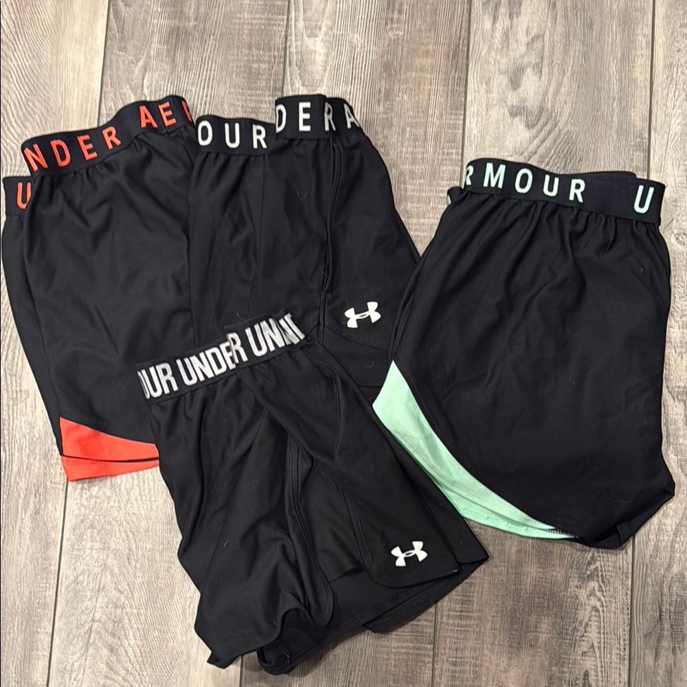 Under Armour Black (2), Pink, and mint loose running shorts. 4 total shorts